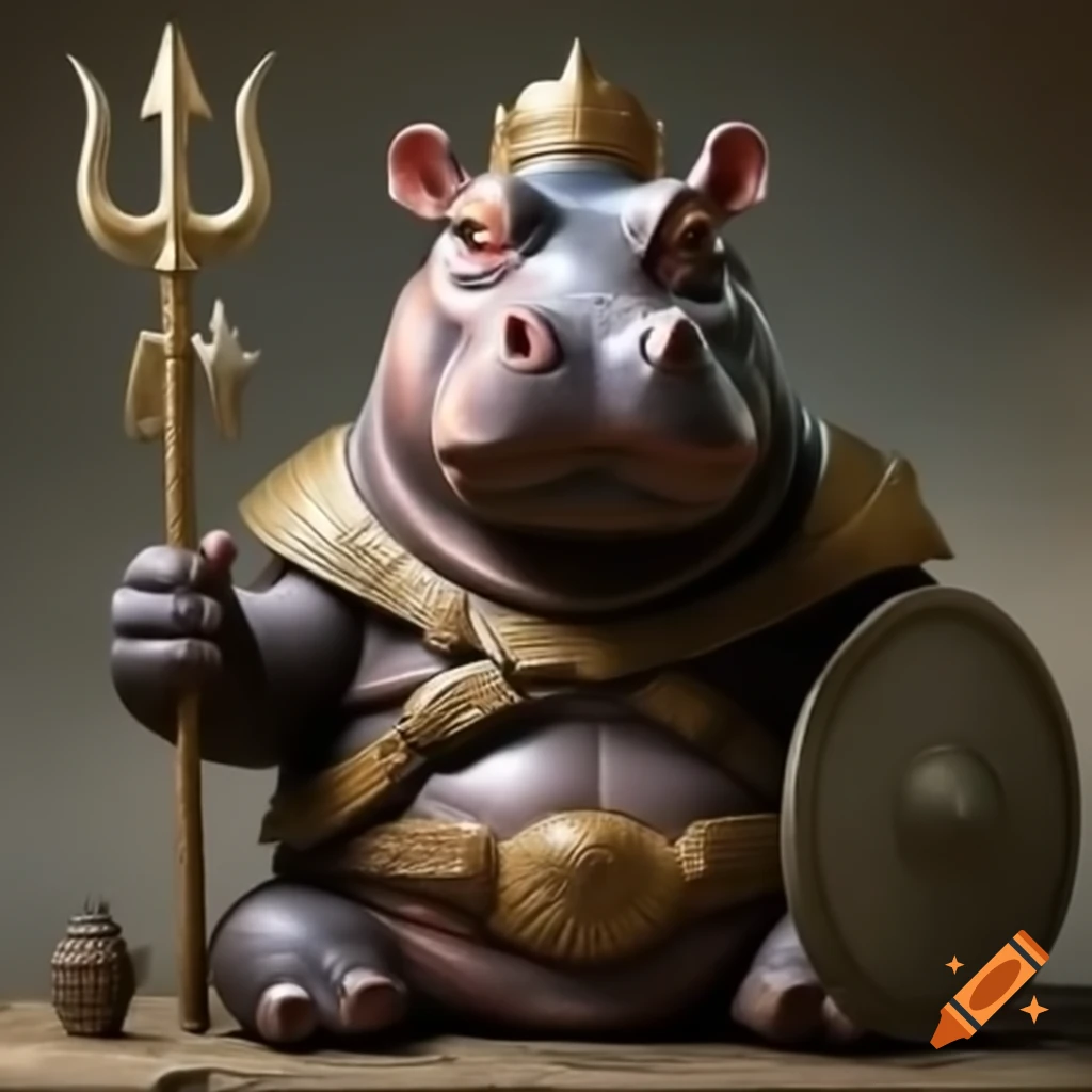 Hippo wearing full plate armor holding trident and shield