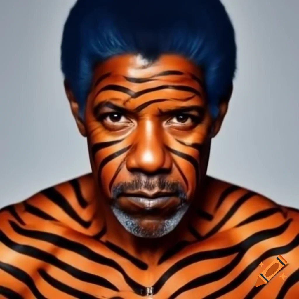 Muscular person with tiger-style makeup featuring blue hair and orange skin