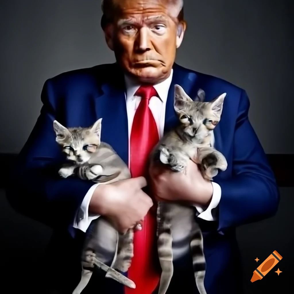 Donald Trump holding kittens in a dynamic scene