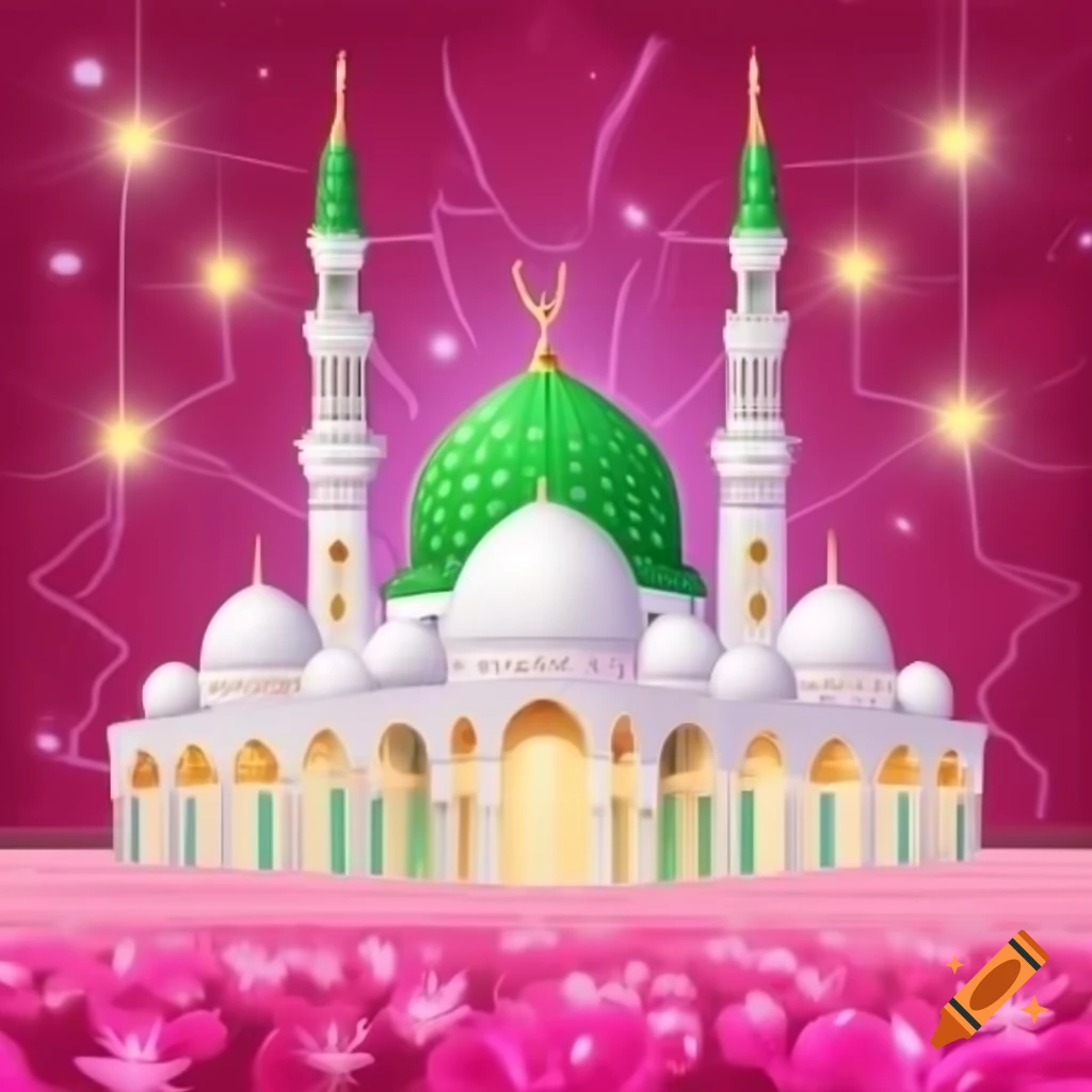 Vector art of Medina Mosque with green dome among pink flower field and stars
