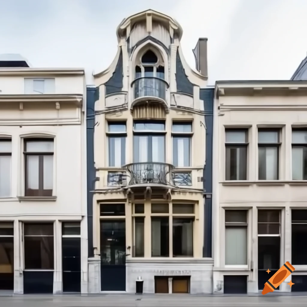 Brussels Art Nouveau house with round window and stone wrought iron façade