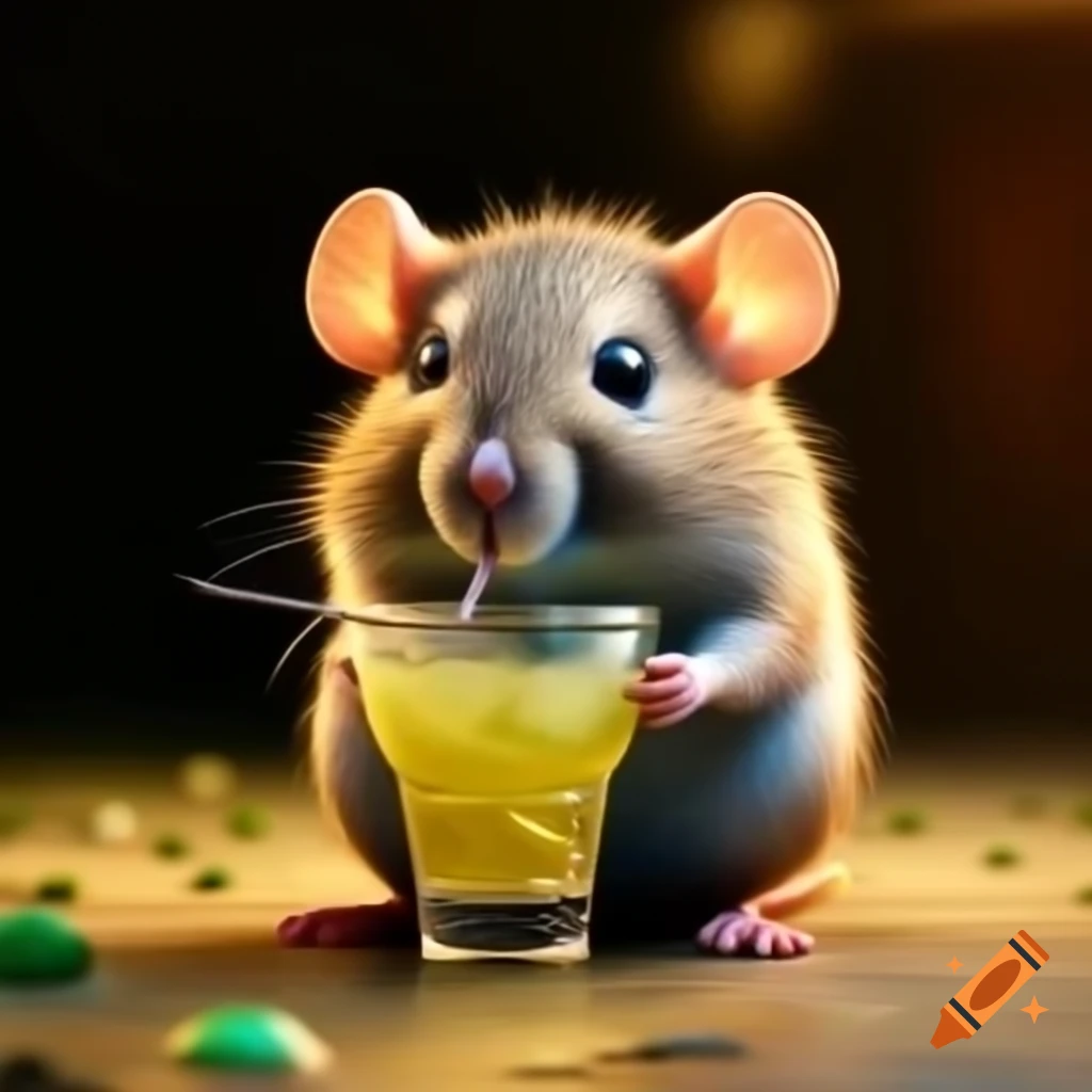 Cute mouse drinking margarita in photorealistic cinematic style