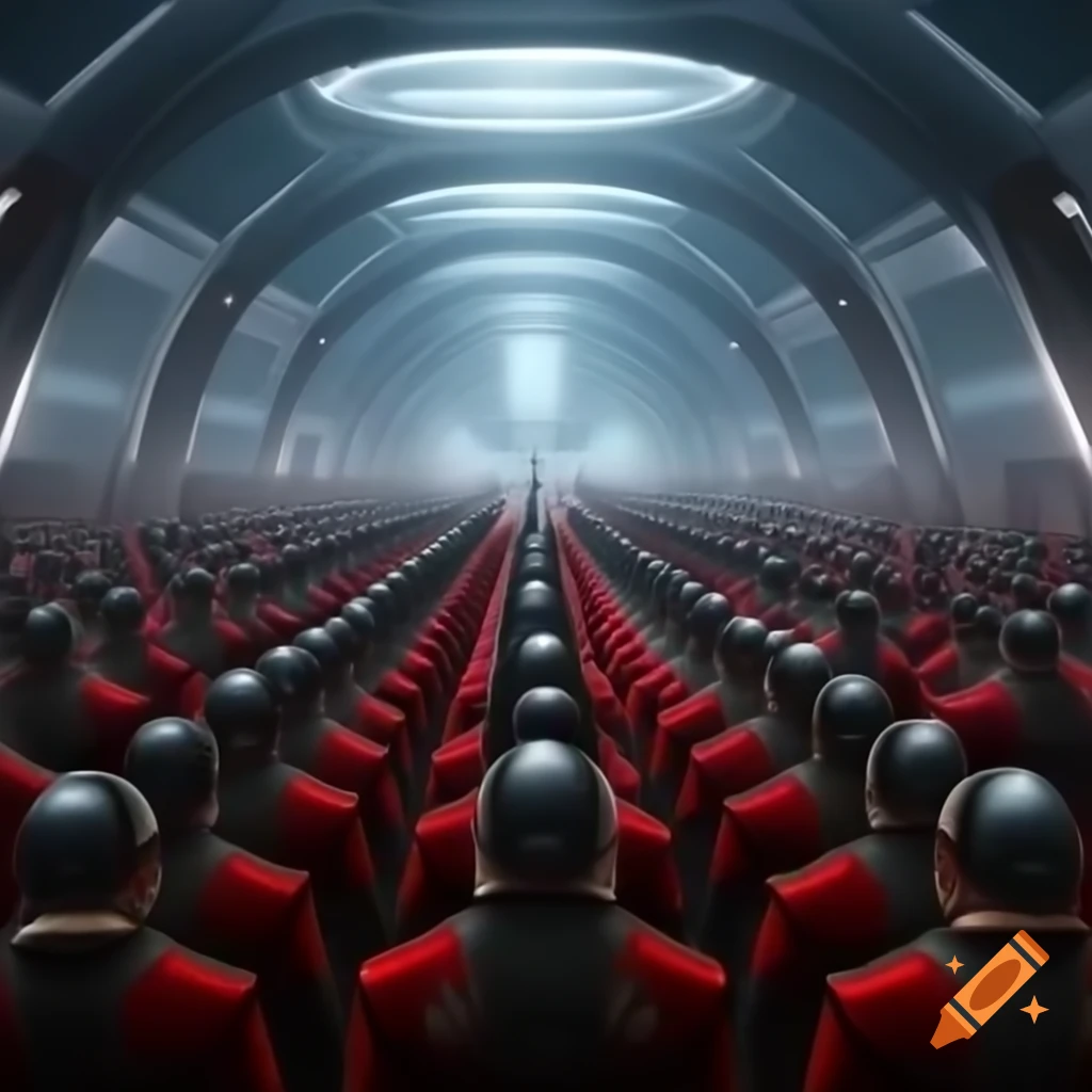 Futuristic Chancellery Guards of Gallifrey in red and white uniforms charging multi-dimensionally