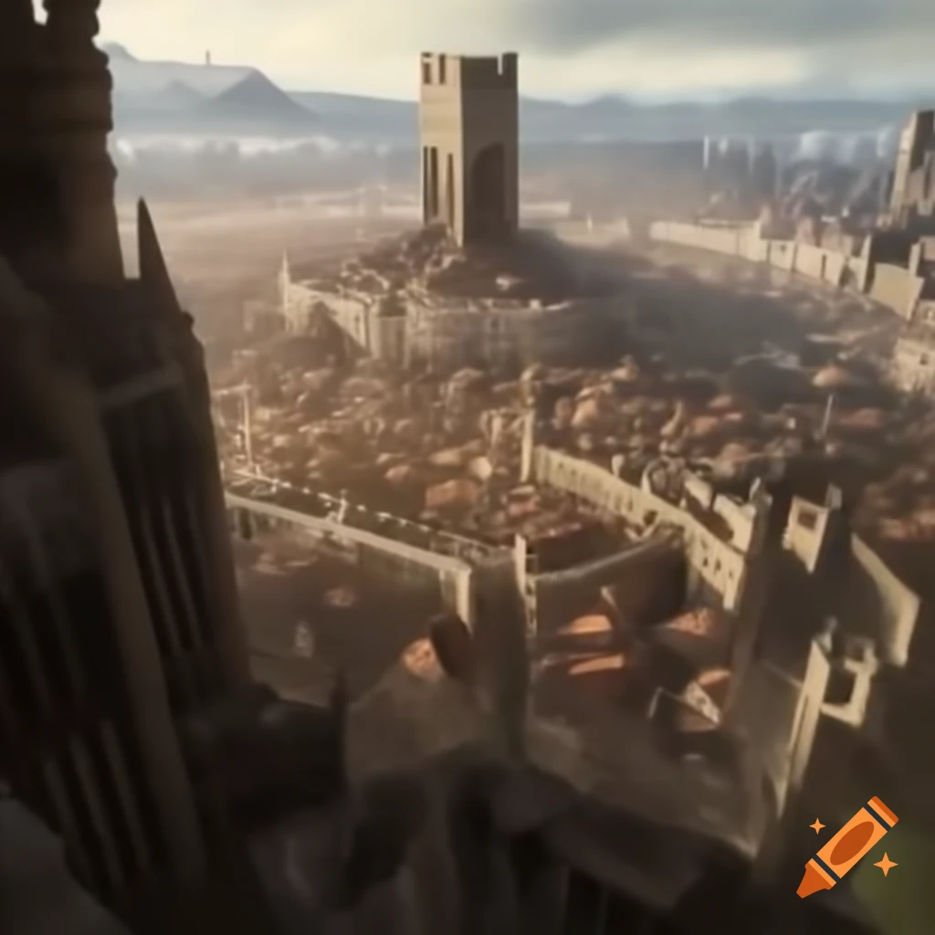 Medieval city surrounded by fortified stone walls with central large structure