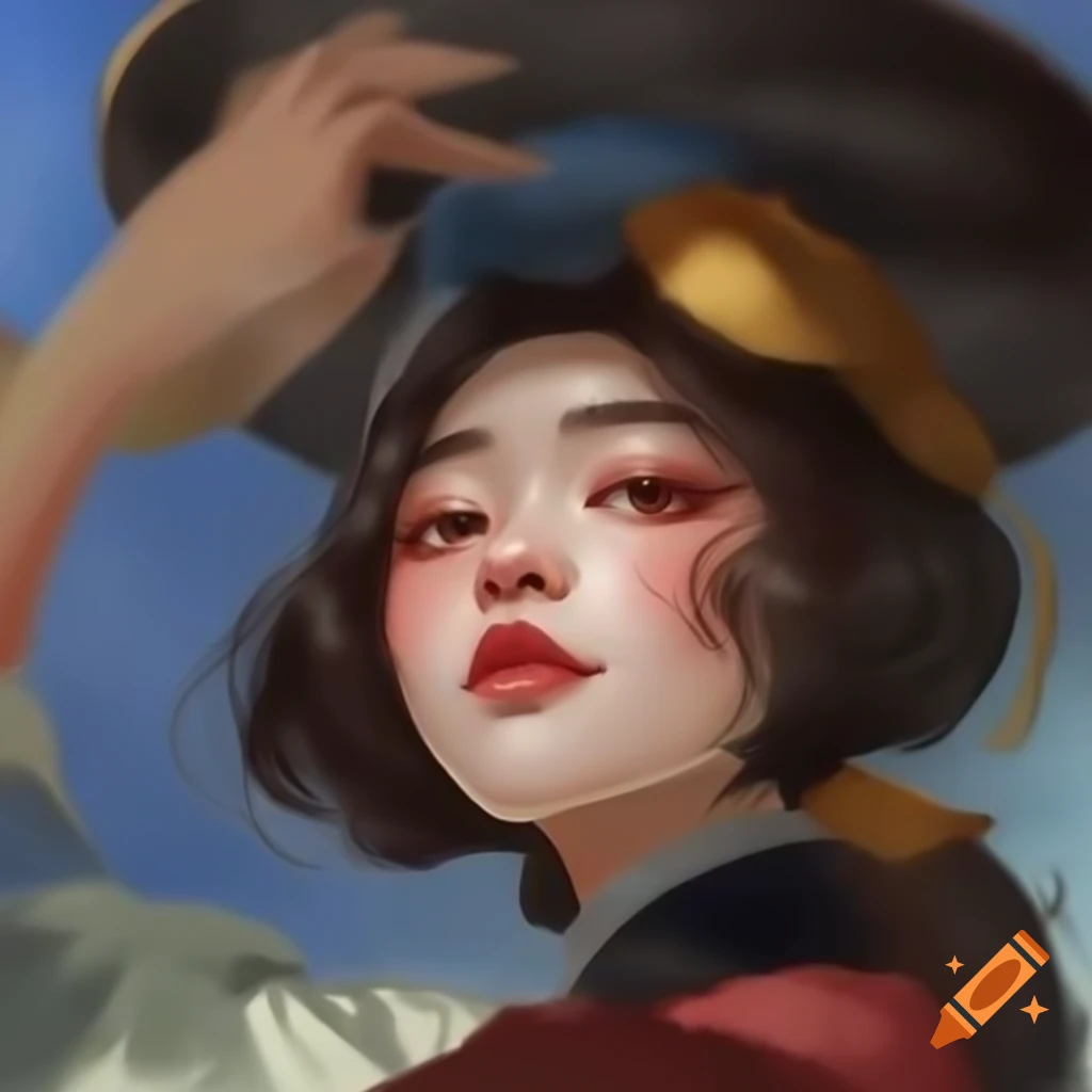 Detailed digital portrait of a charming Korean woman in watercolor style with Rembrandt influences