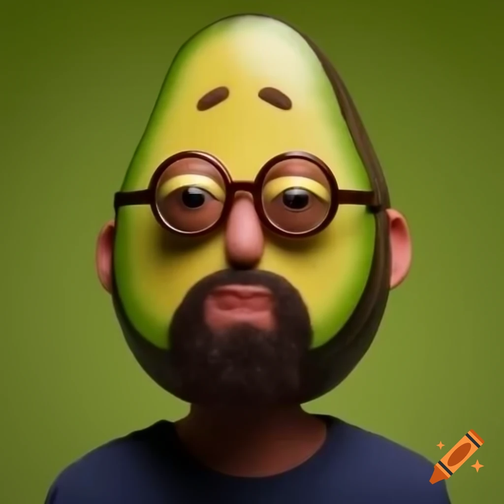 Avocado designed as bald head with glasses and beard