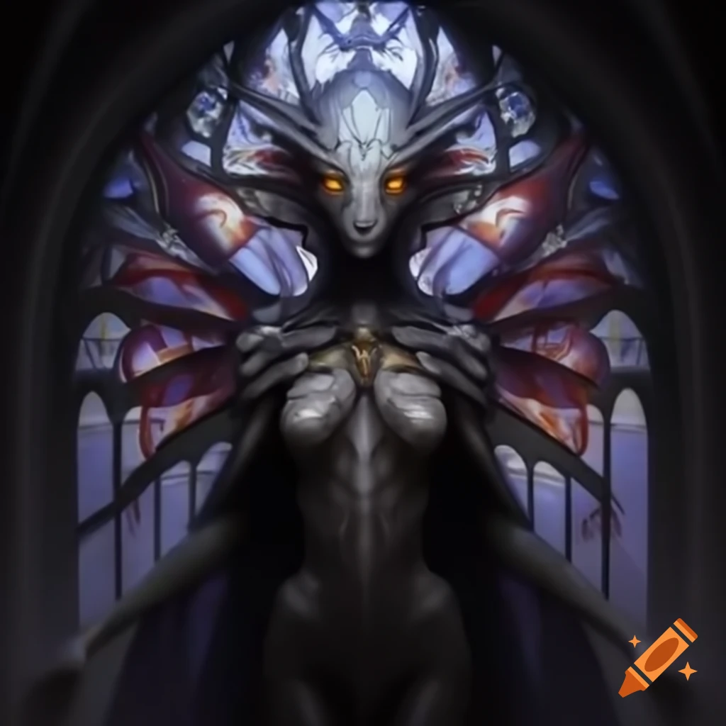 Vampiric insectoid human queen in Gothic stained glass style