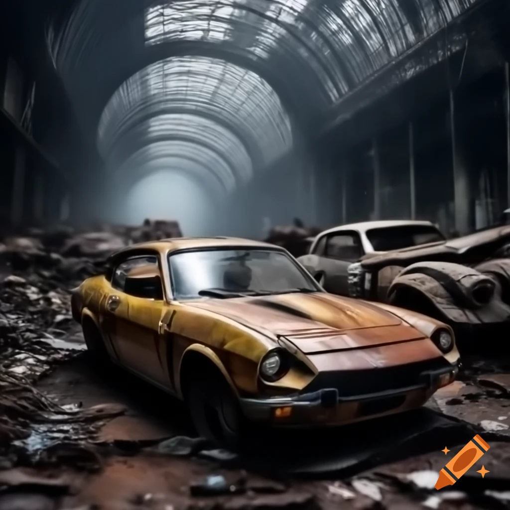 Ghosts swirling in dark night near rusty yellow Datsun in haunted junkyard