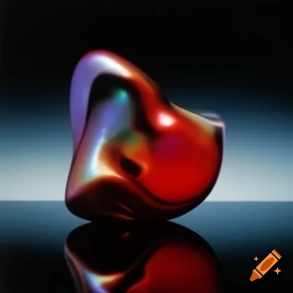 Pop surreal photography featuring iridescent red glass statue