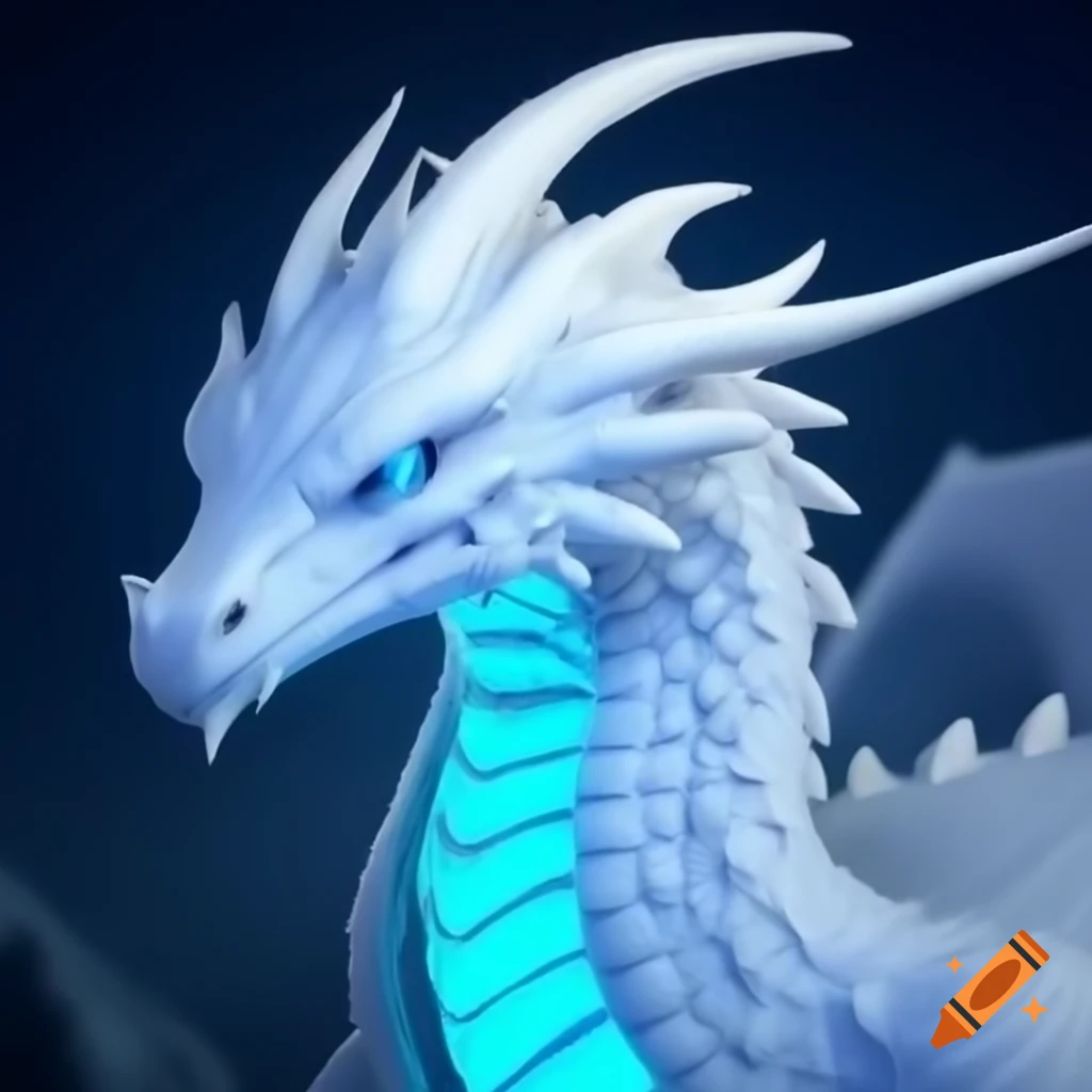 Full body of white frost dragon with white scales and electric blue mesh