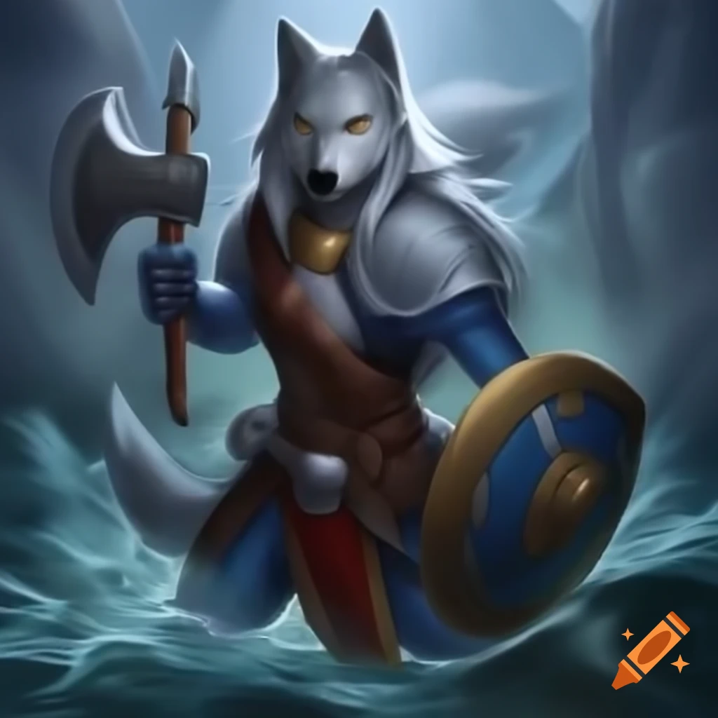 Bipedal female wolf in blue armor holding axe and shield surrounded by water