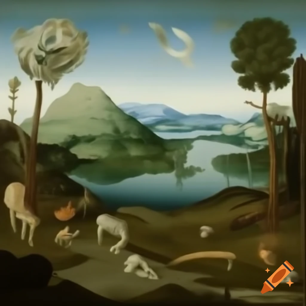 Surreal lake landscape with mantises and strange creatures in Bosch style