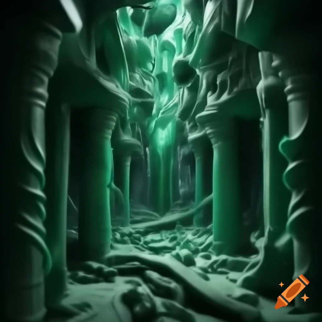 Intricate cityscape with malachite pillars and caryatid columns