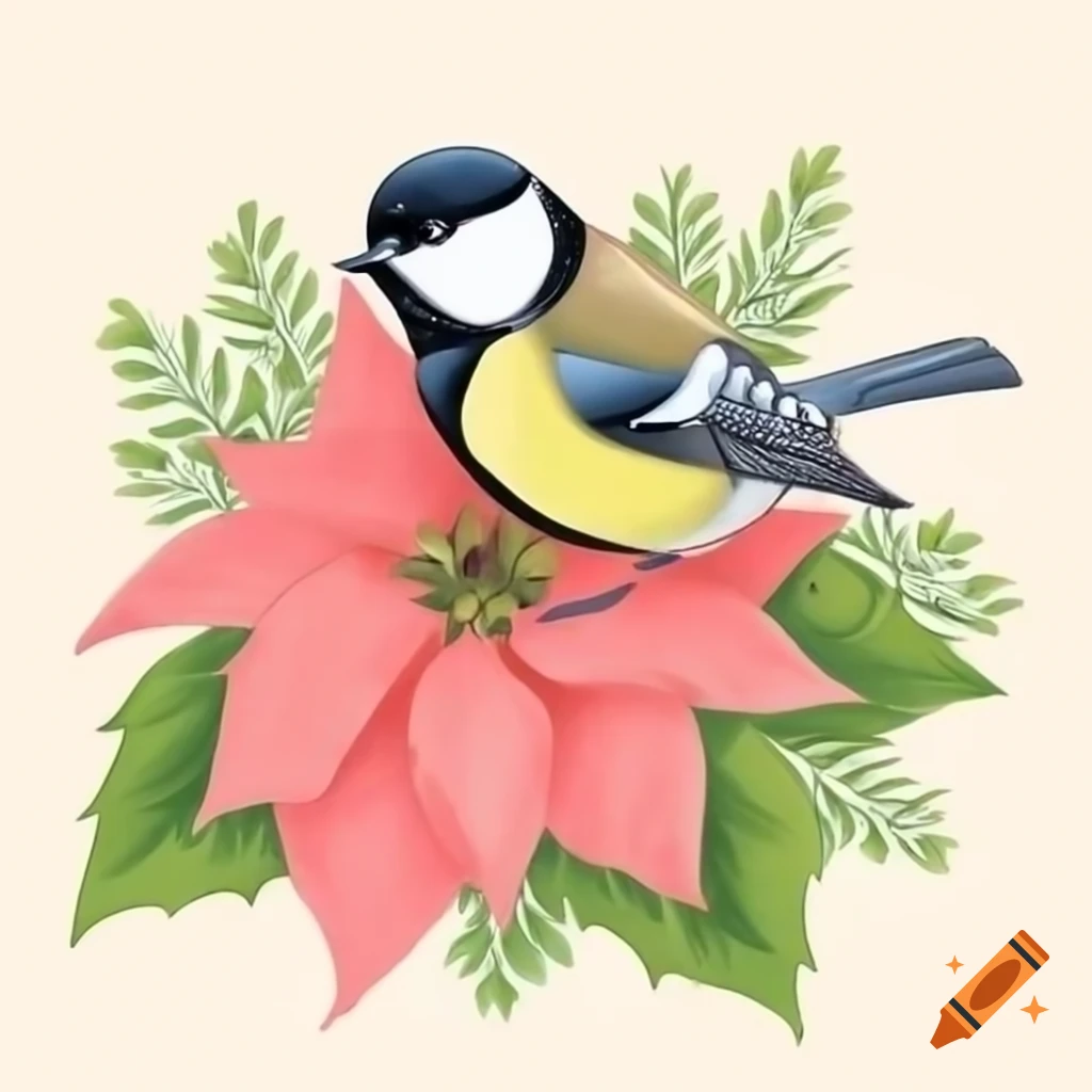 Color sketch of tit bird on poinsettia flowers and fir tree branches
