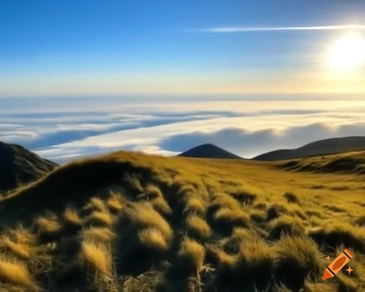 Sunny hillside view of grassy field and sunrise from mountain edge