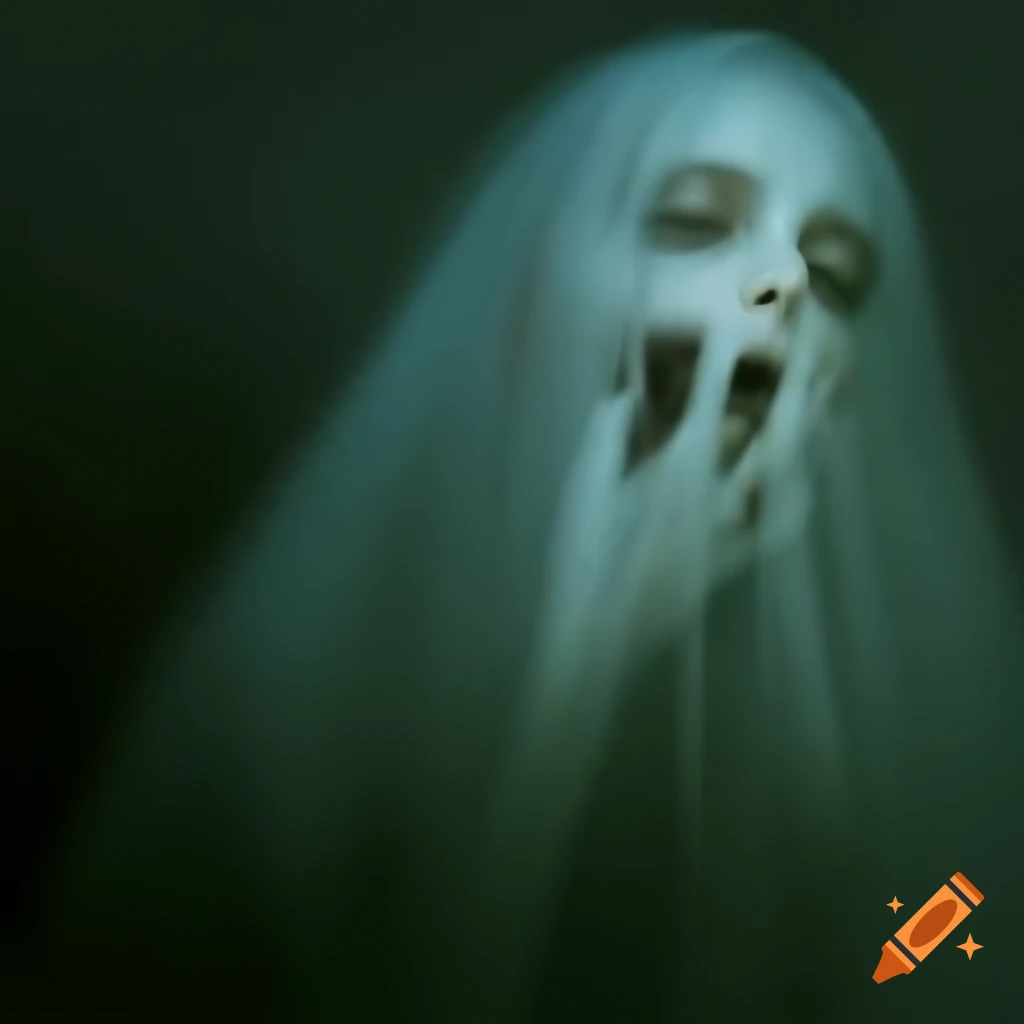 Ethereal ghostly appearance with grainy texture reminiscent of VHS, low quality