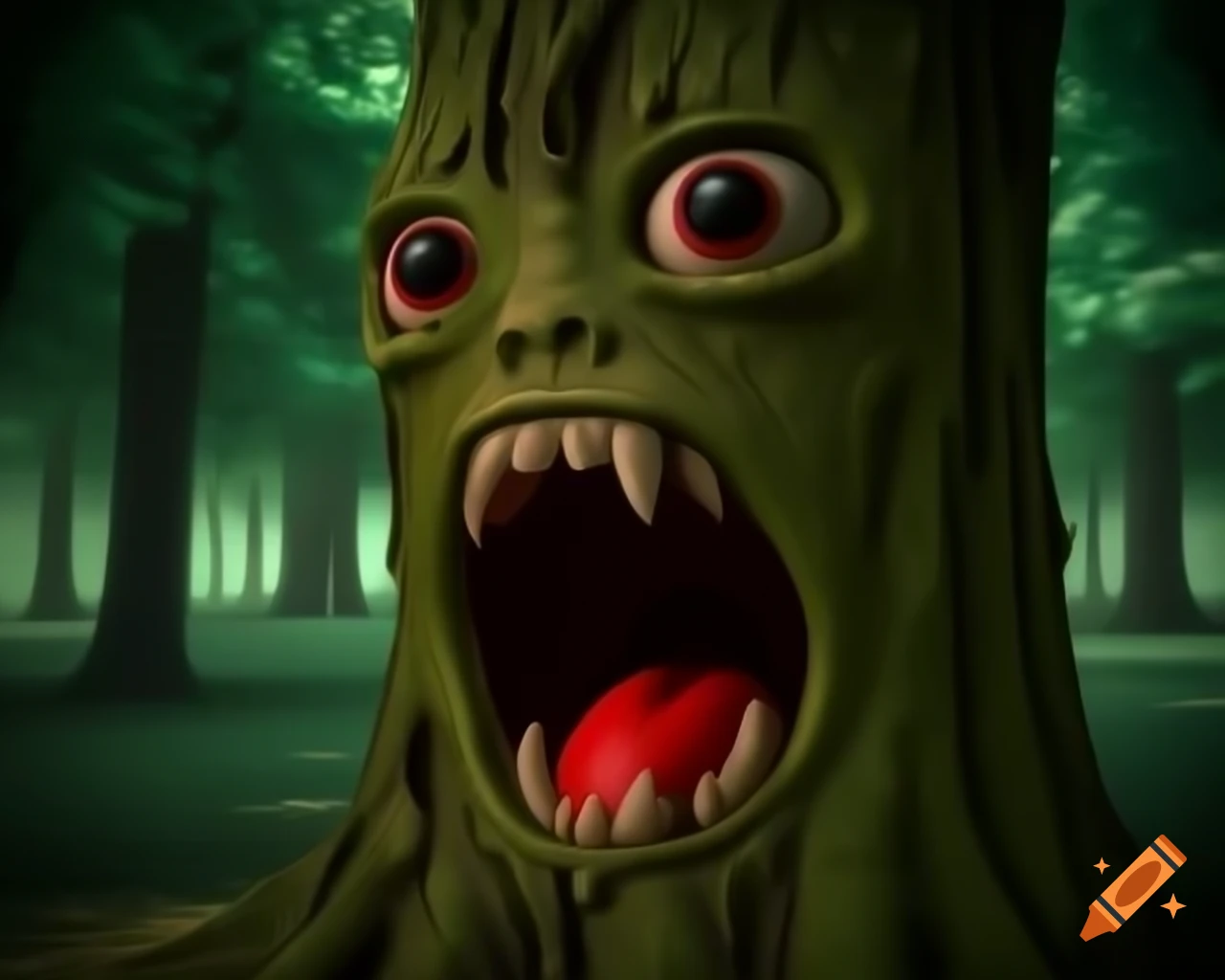 Creepy 3D CGI anime fantasy artwork of tree face with bark texture and red mouth