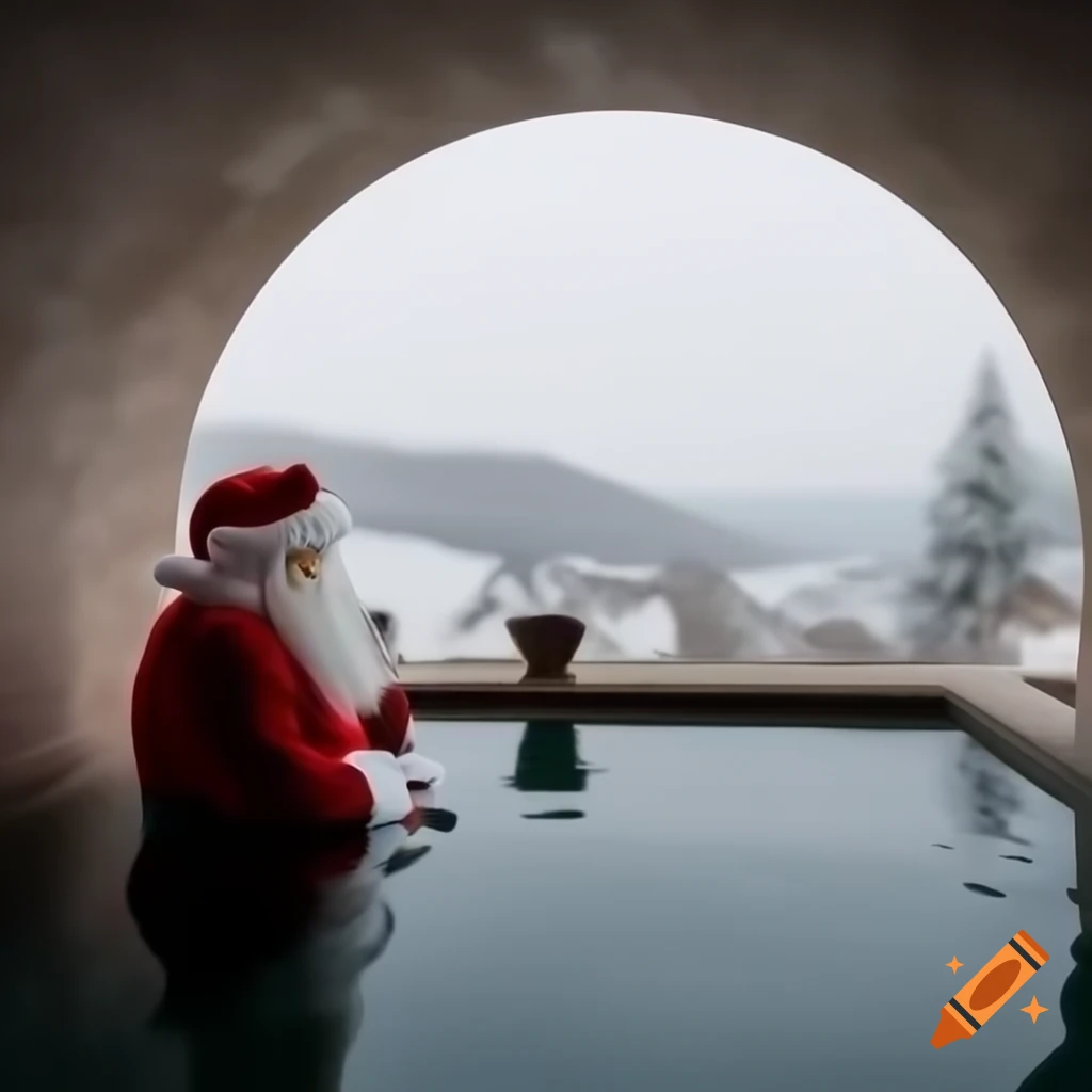 Outline drawing of Santa Claus in a hammam overlooking Alsace in winter