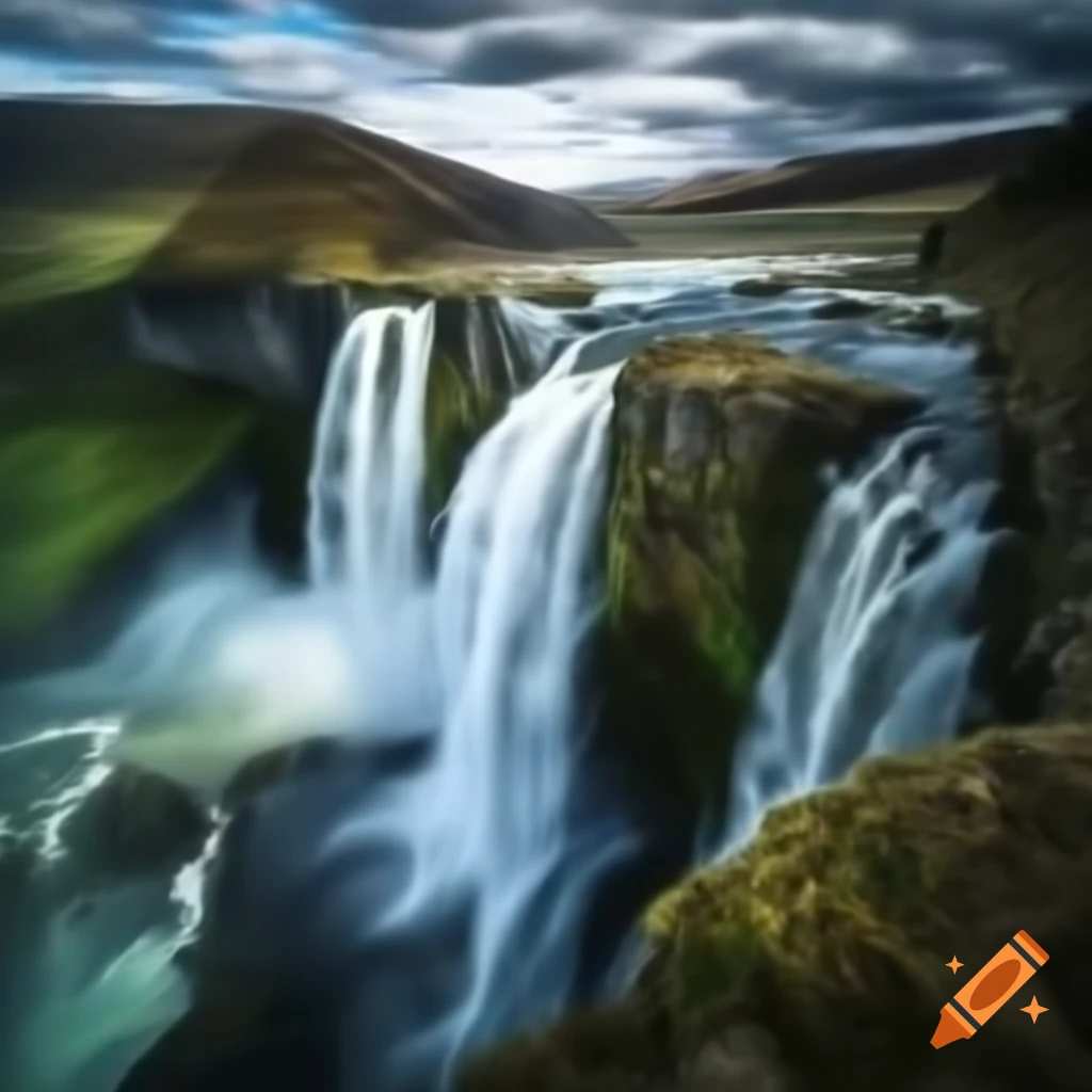 Beautiful waterfall at hill station with dense clouds
