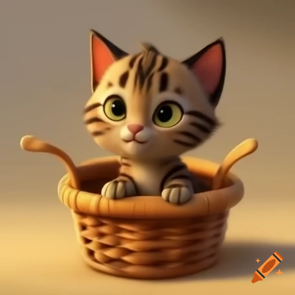 Cartoon tabby kitten in a basket