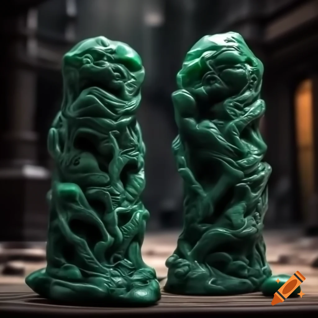Surreal cityscape with malachite pillars resembling strange figures, high detail