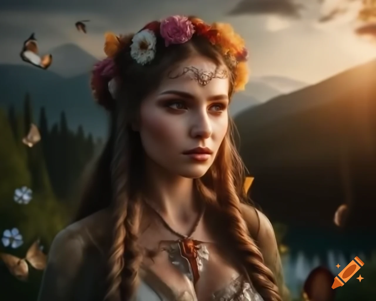 Hyperrealistic portrait of Slavic woman adorned with flowers and butterflies in her hair