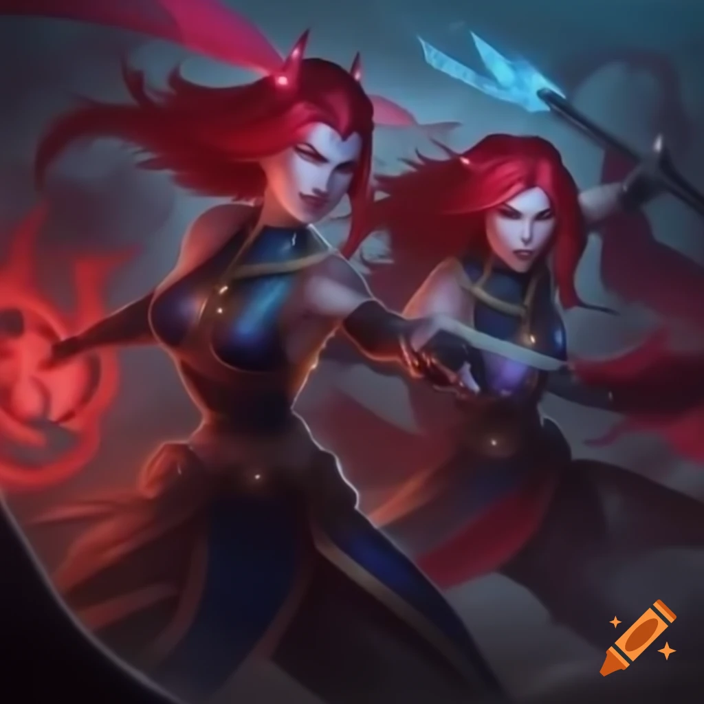 Fierce female war mages with blue eyes and fiery red hair in battle-ready robes