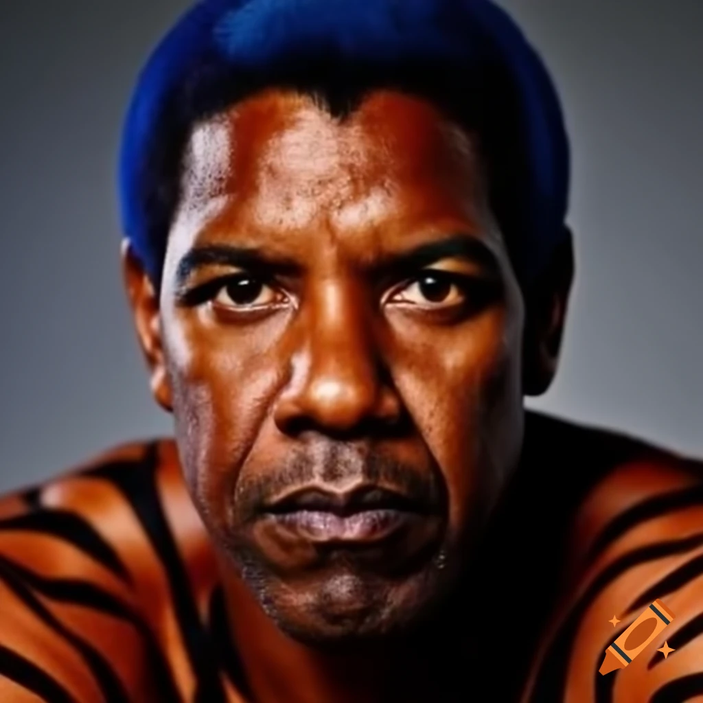 Muscular figure with tiger-style makeup, blue hair and black stripes
