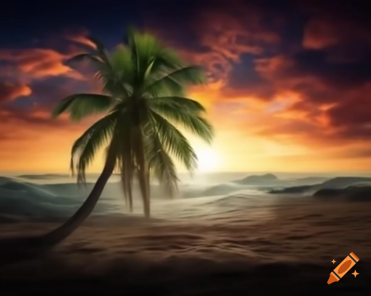 Surreal scene of palm tree growing from hand at sundown