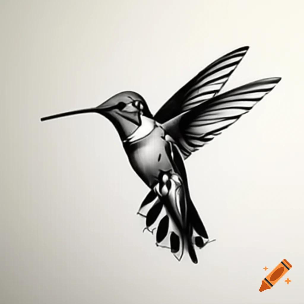 Monochrome drawing of a hummingbird in black ink