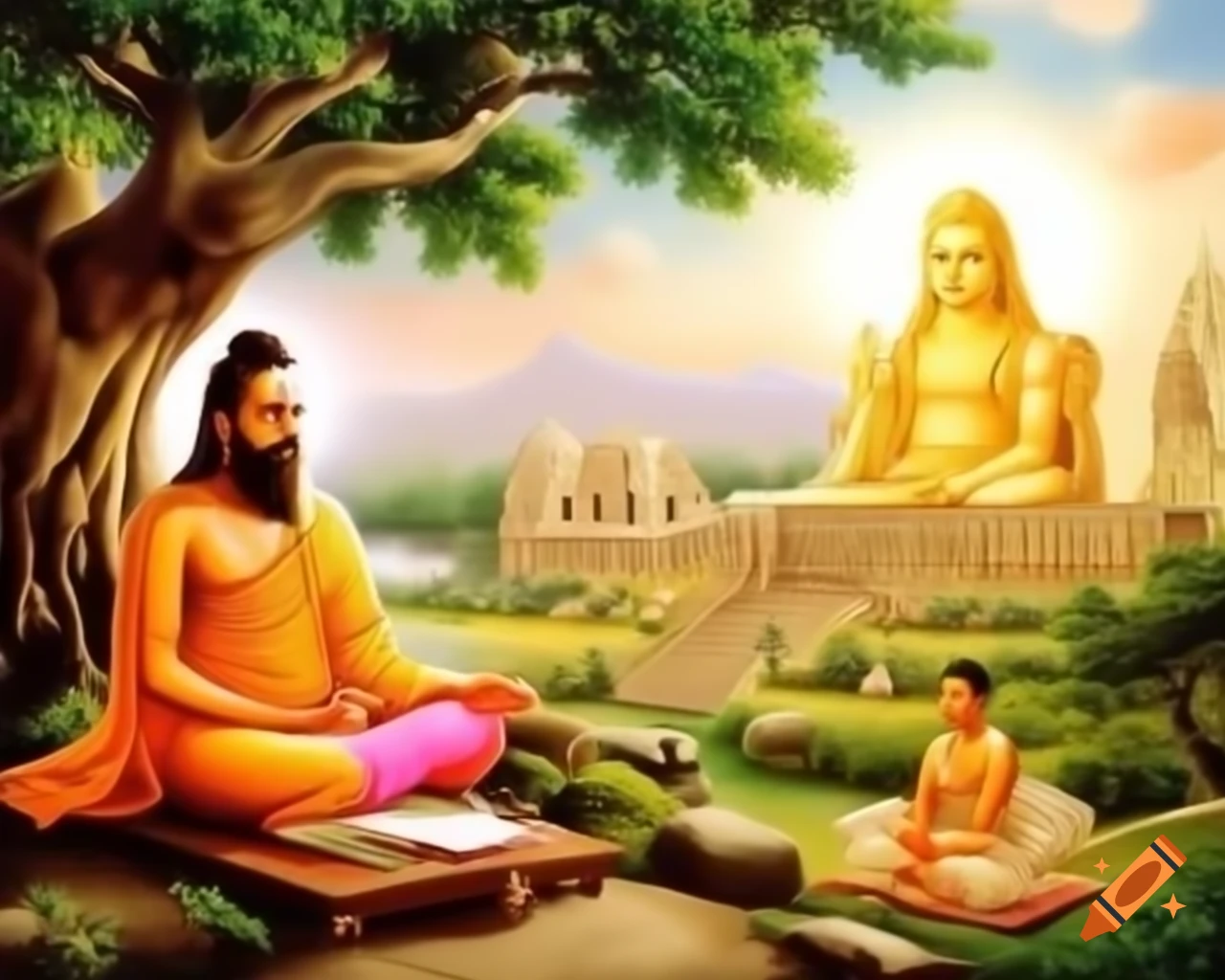 Serene landscape with ancient Tamil architecture and Siddhars meditating under banyan tree