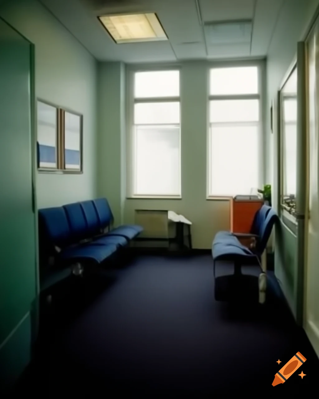 Doctors office waiting room with receptionist facing away
