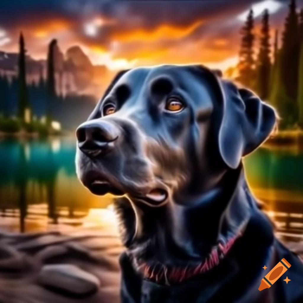 Black Labrador Retriever in forest with trees, front view
