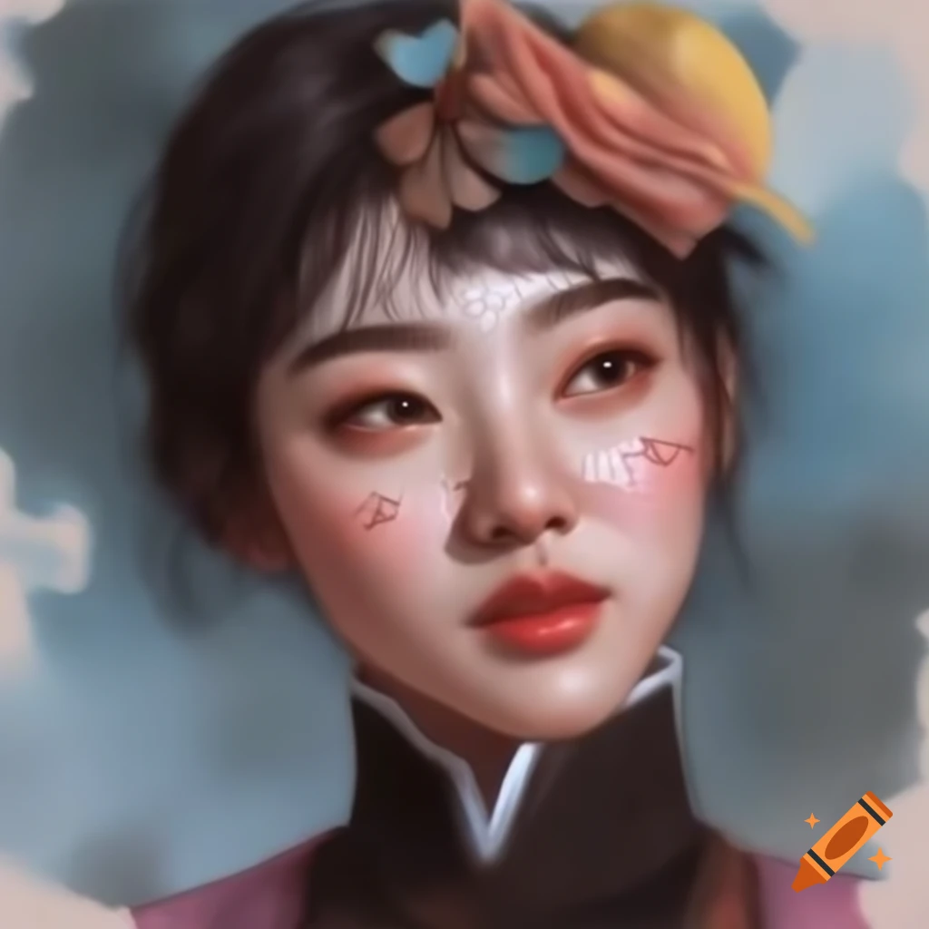 Detailed digital portrait of a charming Korean woman in watercolor style