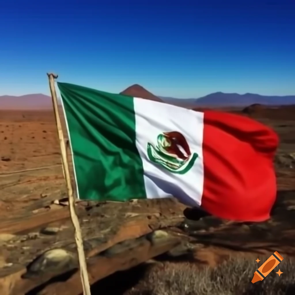 Majestic Mexican flag raised on a pole against sunny desert and mountains
