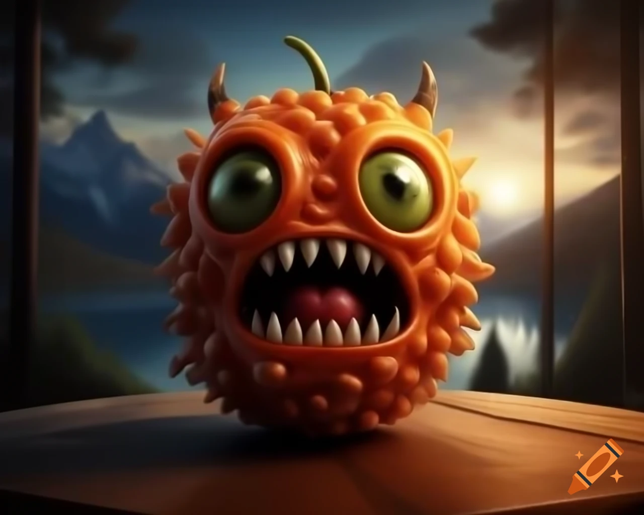 Hyper-realistic 3D orange monster with human features on wooden table