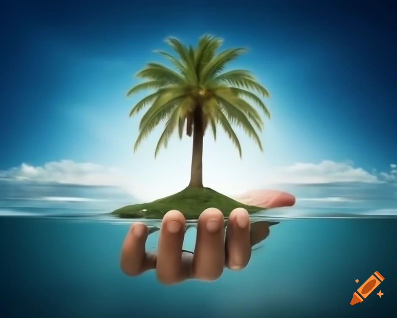 Surreal scene of palm tree growing from human palm