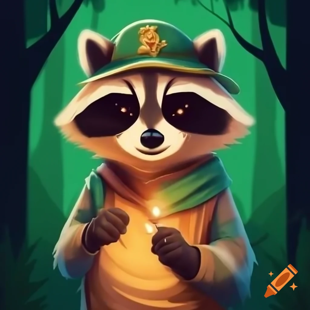 Raccoon with singed ranger hat and lit match in woods, Smokey Bear style