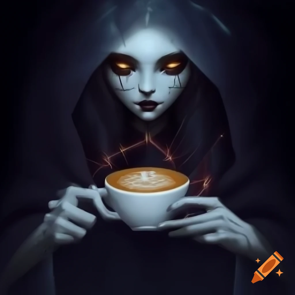 Spooky, frazzled mom holding coffee cup with cobwebs, 'Powered by Coffee and Chaos' design