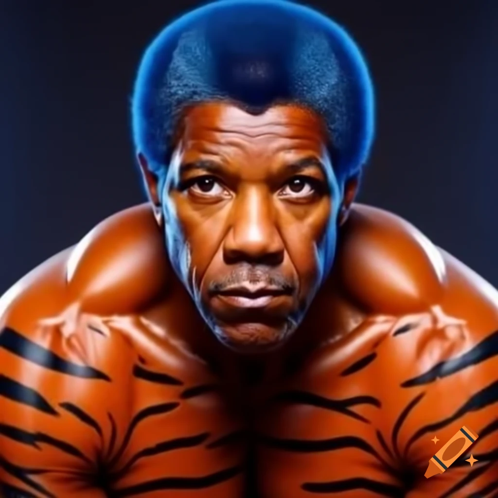 Muscular man with tiger-style makeup featuring blue hair and orange skin