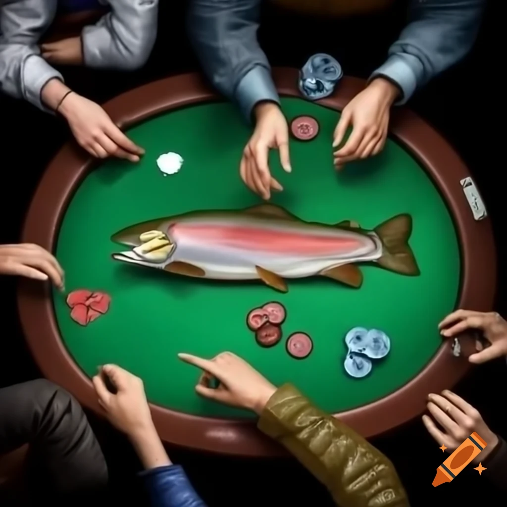 Trout playing poker in the style of Ralph Steadman