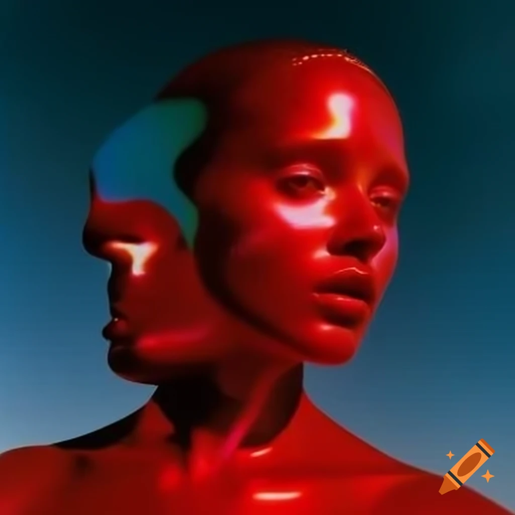Pop surrealist photography featuring iridescent red glass statue from 2000s