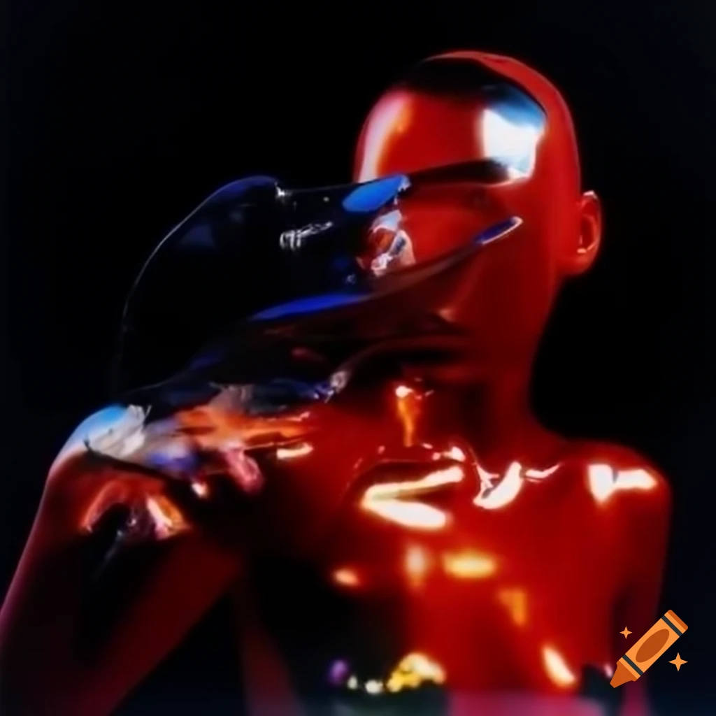 Pop surreal photography featuring iridescent red glass statue