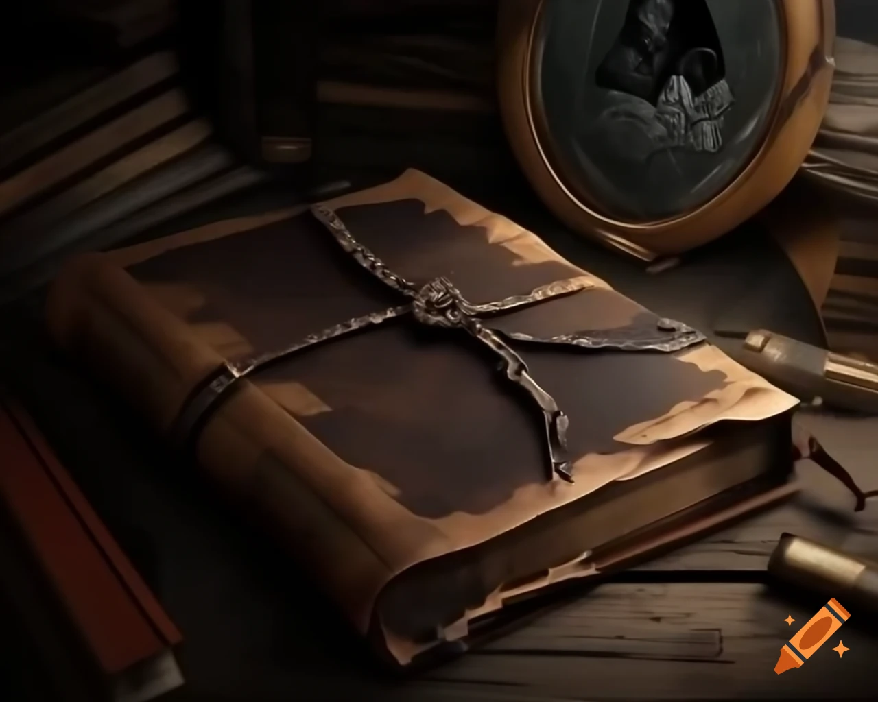Ancient leather-bound tome and mystical mirror on wooden table