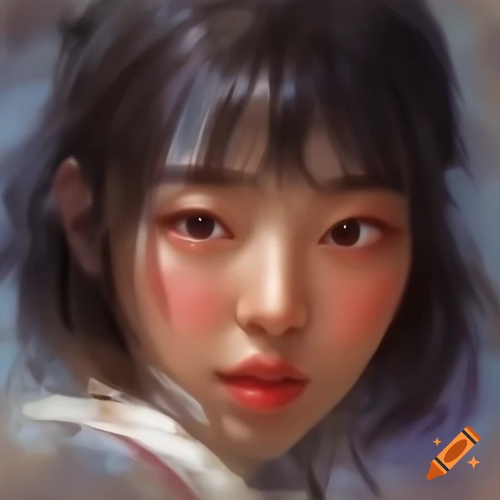 Detailed digital watercolor portrait of a charming Korean woman