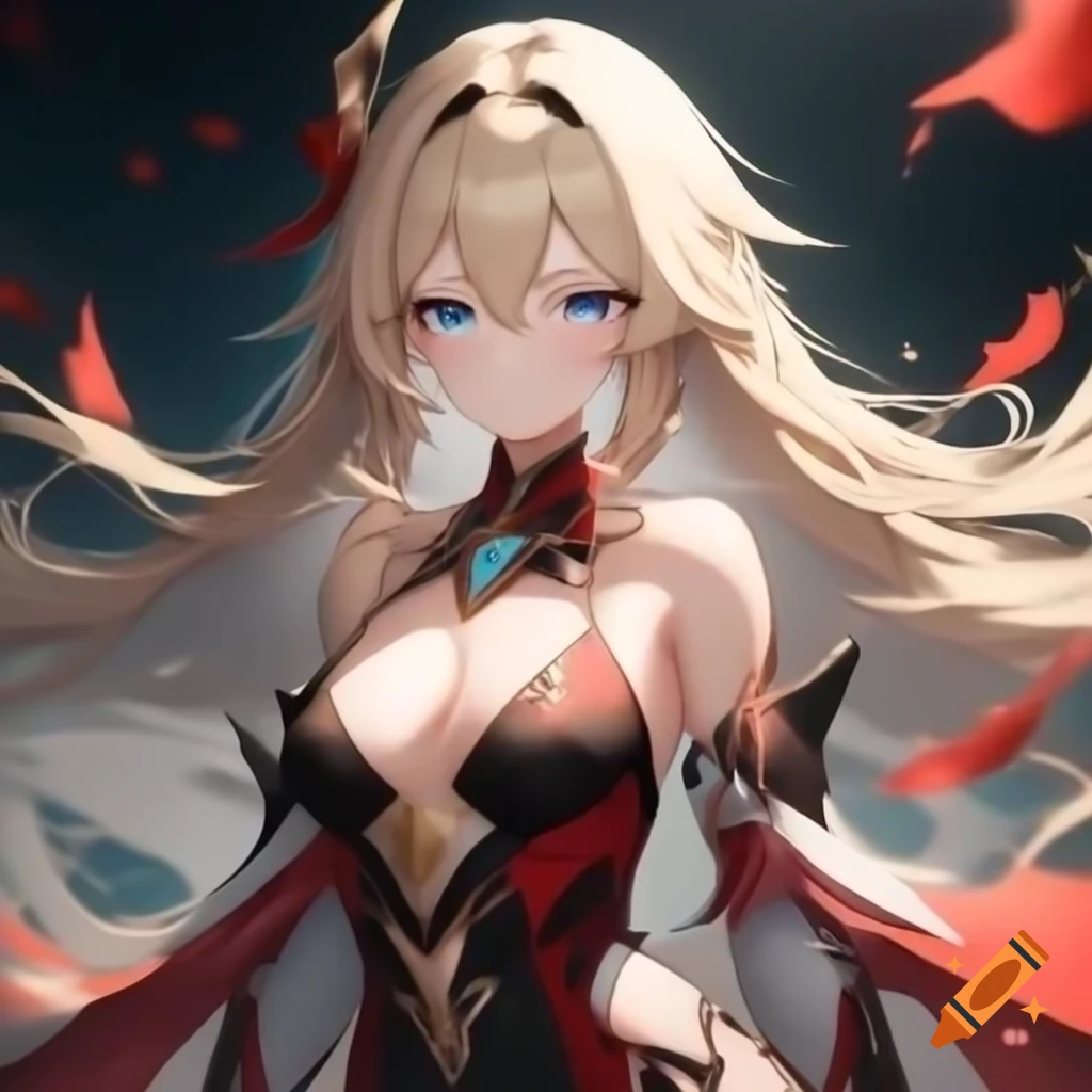 Anime heroine with long blonde hair and blue eyes in elegant red and black dress