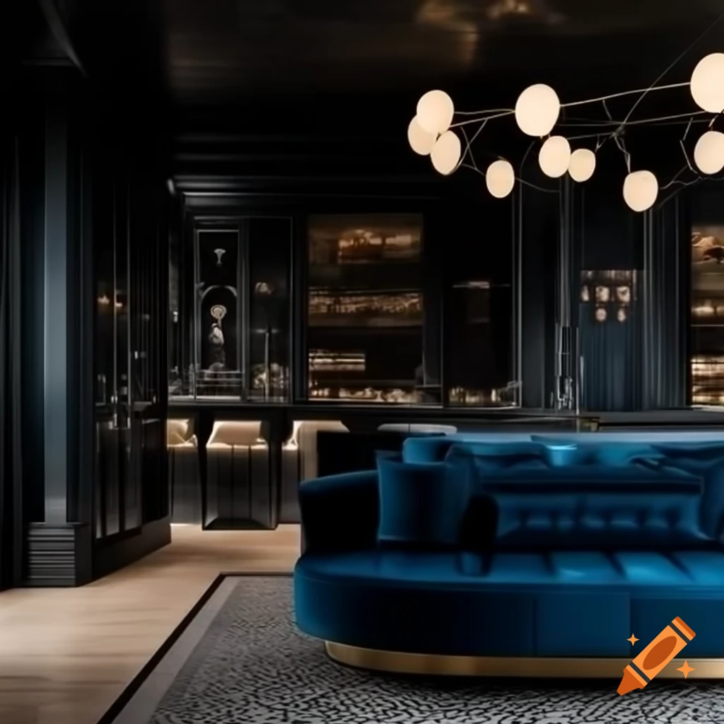 Elegant black interior design for bar and living room with blue velvet sofa and marble finishes