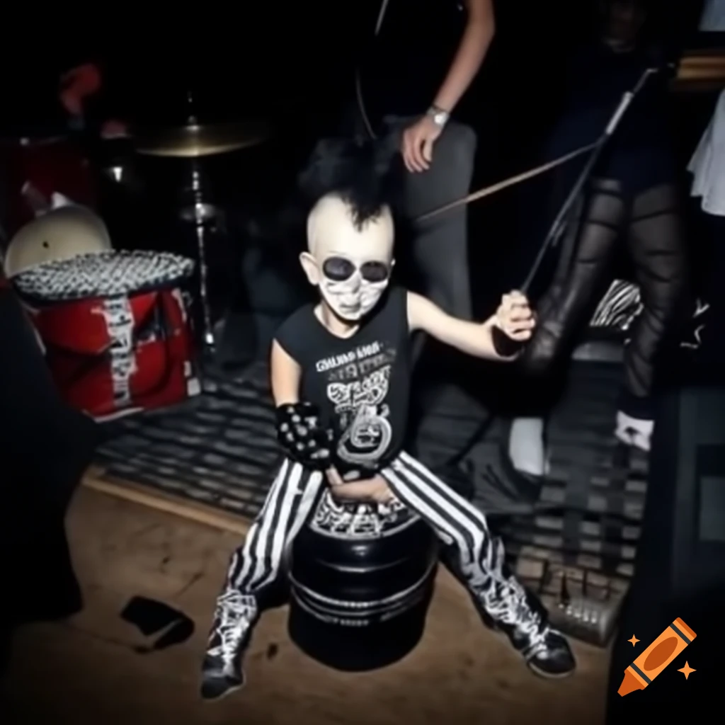 Punk rock kid with skull face and mohawk dancing in mosh pit at ska concert
