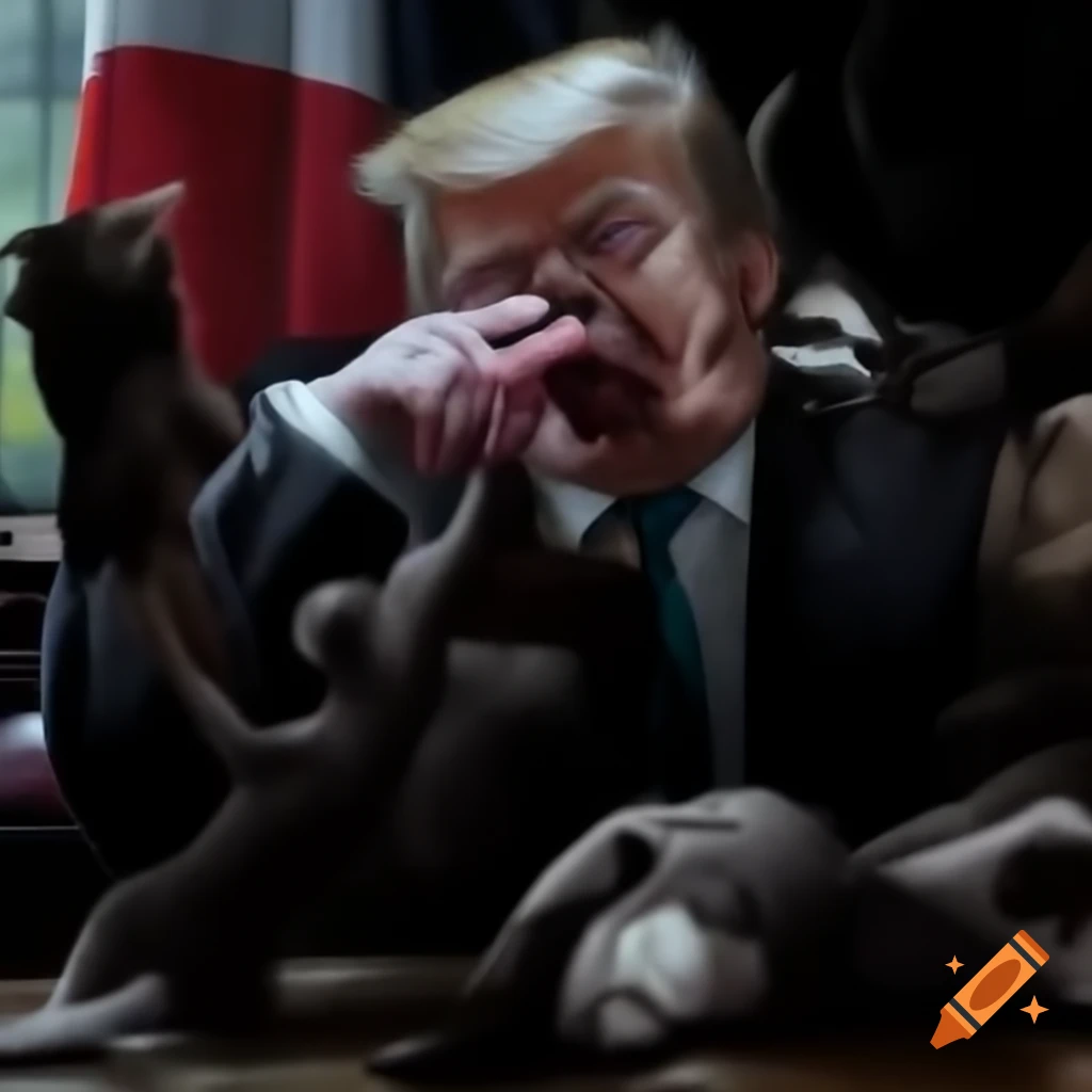 Illustration of cats and dogs playfully interacting with a figure resembling a politician