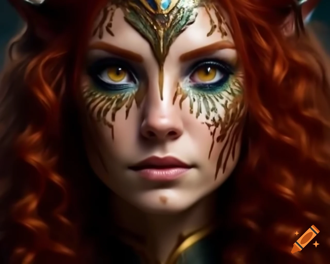 Close-up of a woman with red curly hair in Celtic druid style, digital art